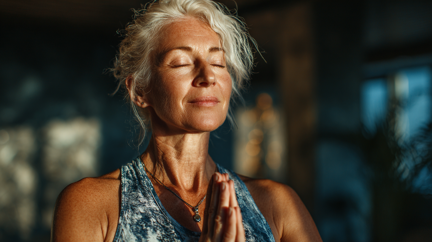 Група людей зрілого віку займається йогою на свіжому повітрі