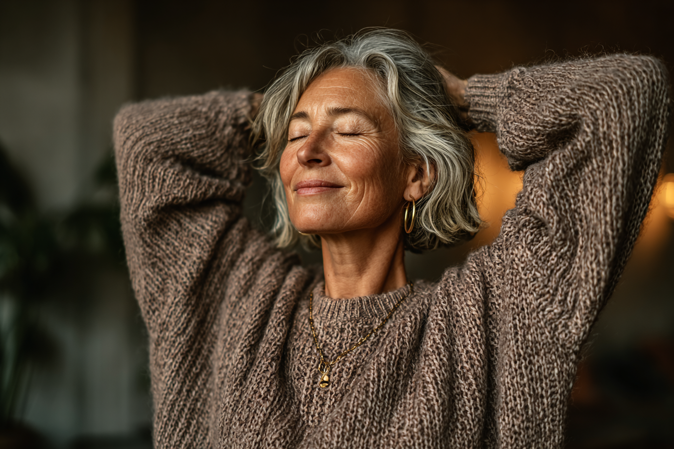 Щаслива жінка зрілого віку медитує в парку