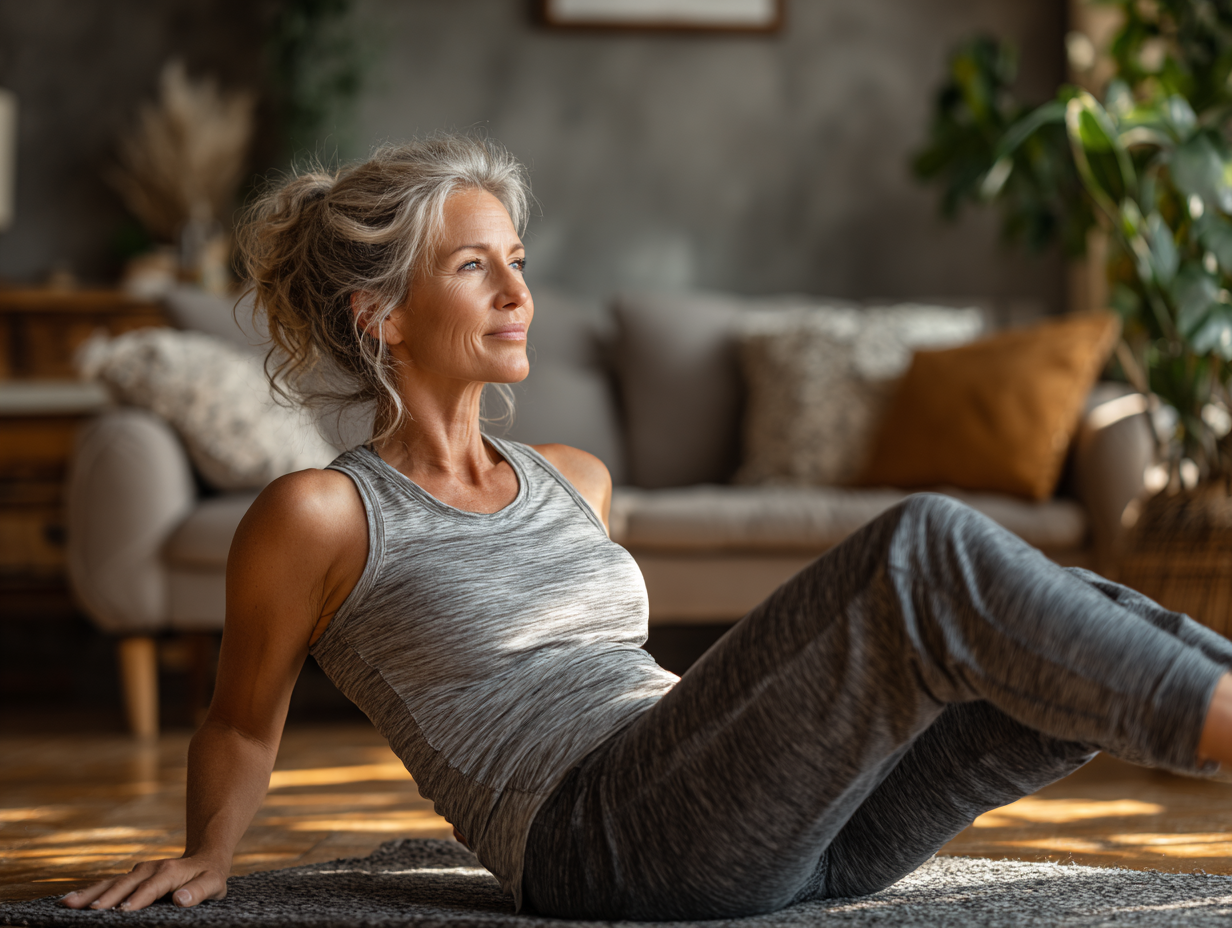 Жінка похилого віку виконує дихальні вправи на свіжому повітрі